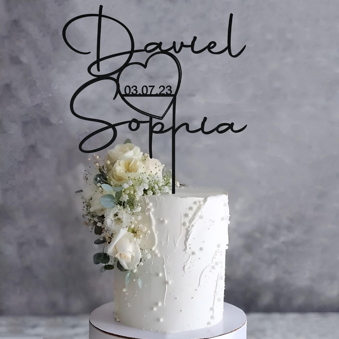 Personalised Wedding Date Cake Topper in Heart, Couples Name Cake ...