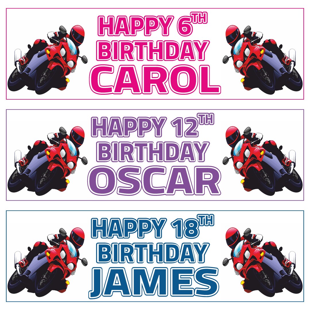 X2 Happy Birthday Banner, Personalised Motor Bike Birthday Banner Bike ...