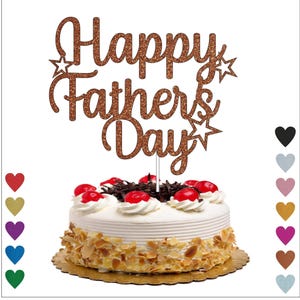 May include: A brown glitter cake topper with the text "Happy Father's Day" and stars. The topper is on top of a cake with white icing and chocolate sprinkles.