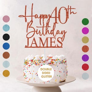 May include: A cake topper with the words "Happy 40th Birthday JAMES" in glittery copper script. The topper is placed on a white frosted cake with colorful sprinkles. The words "DOUBLE SIDED GLITTER" are in a circle on the cake.