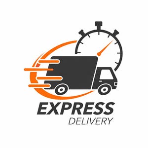 May include: A black and orange graphic of a delivery truck with a stopwatch. The truck has a boxy cargo area and is depicted with motion lines. The words "EXPRESS DELIVERY" are below the truck.