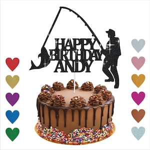 Fisherman cake topper personalised glitter customised any name age dad fishing sport catch fish rod fishing hobby fishing fish carp trout