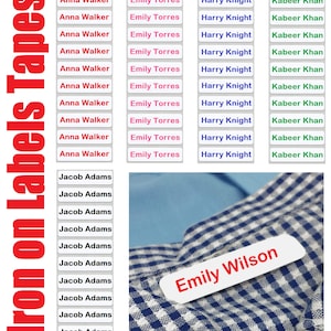 May include: Iron-on labels with names printed in black on white rectangular labels. The names include Anna Walker, Emily Torres, Harry Knight, Kabeer Khan, Jacob Adams, and Emily Wilson.