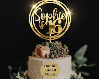 Personalised Happy Birthday Cake Topper, Custom Name & Age, Acrylic Mirror, Party Cake Decoration 13th 16th 21st 30th 40th 50th