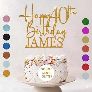 May include: A gold glitter cake topper that reads "Happy 40th Birthday JAMES". The topper is placed on top of a white frosted cake with colorful sprinkles. The cake is on a white cake stand. The text "DOUBLE SIDED GLITTER" is on the cake.
