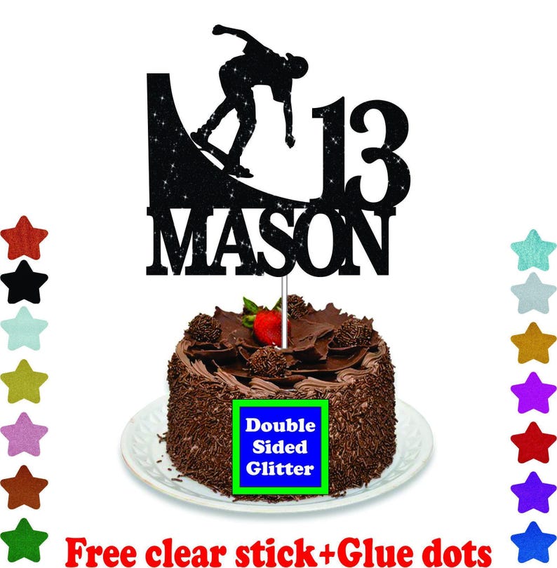 Personalised Skateboard Cake Topper, Glitter Skateboard Cake Topper, Skateboard Party Decoration Birthday Party Topper UK image 4