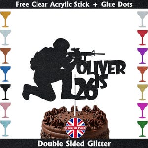 Glitter Army Commando Gun Special Forces Operations Birthday Cake Topper Personalised Double Sided Glitter Cake Decoration