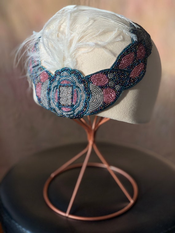 Vintage Hat Cream Multi-colored Beaded Feathers Fe