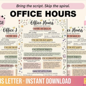 May include: A one-page digital PDF document titled Office Hours, featuring the text Bring the script. Skip the spiral. It includes sections for Before You Walk In, The Ask-For-Help Script, The Extension Request, The Clarification Ask, The Accommodation Script, and Walk Out With a Plan, decorated with colorful hand-drawn icons like stars, clouds, and lightbulbs.