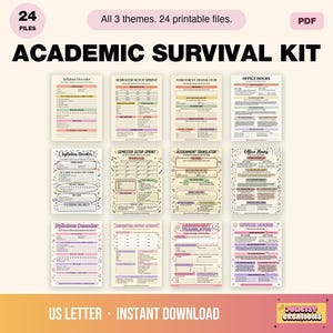 May include: An academic survival kit consisting of 24 printable PDF files in three distinct themes. The collection includes templates for a syllabus decoder, semester setup sprint, assignment translator, and office hours tracker in US letter size.