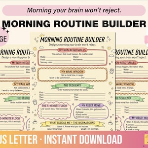 May include: A digital Morning Routine Builder worksheet in PDF format. The page features sections titled My Non-Negotiables, My Wake Window, The Sequence, The 5-Minute Floor, My Reset Move, and What Blocks Me + The Workaround, with space for handwritten notes.