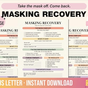 May include: A one-page PDF document titled Masking Recovery with a light background and pastel-colored headers. The form includes sections for The Mask Came Off, What It Cost, The Decompression Sequence, Cancel Tonight, Re-regulate, and Tomorrow's Dose.