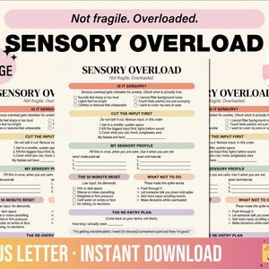 以下が含まれることがあります： Sensory Overloadというタイトルの1ページのPDFドキュメント。感覚入力の管理に関するチェックリストとガイドが記載されています。レイアウトには、トリガーの特定、入力削減戦略、感覚プロファイル、10分間のリセット計画のためのセクションが含まれています。