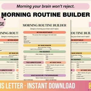 Utskrivbar morgonrutinbyggare, pastellfärgad regnbåge ADHD AuDHD exekutiva funktioner arbetsblad för neurodivergenta vuxna, PDF direktnedladdning