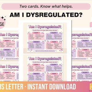Può includere: Una risorsa digitale stampabile intitolata Am I Dysregulated? che presenta una guida al controllo corporeo per le risposte di lotta, fuga, congelamento e sottomissione. Il layout include quattro sezioni con elenchi di segnali corporei e movimenti.