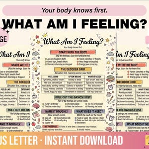 May include: A digital PDF worksheet titled What Am I Feeling? Your body knows first. The document features sections including Start With The Body, The Decoder Grid, Rule Out The Basics First, Name It Roughly, and My Patterns, decorated with small icons.
