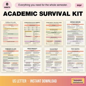 Op de afbeelding: Een digitale PDF academische survival kit met acht printbare vellen met pastelkleurige secties. De pagina's bevatten titels zoals Syllabus Decoder, Semester Setup Sprint, Assignment Translator, Office Hours, I Missed Class, Group Project, Exam Prep en I'm Failing, ontworpen voor studentenorganisatie.