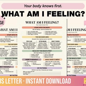 May include: A digital PDF document titled What Am I Feeling? featuring a structured guide to identify physical sensations and emotional needs. The layout includes sections like Start With The Body, The Decoder Grid, and Rule Out The Basics First.