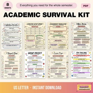 Academische overlevingskit: printbaar pakket van 8 werkbladen met handgetekende doodles voor studenten met ADHD (autisme, autisme en dementie), printbare PDF-download.