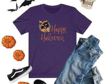 Vintage Black Cat Happy Halloween T-Shirt, Black Cat Shirt, Halloween Shirt, Vintage Halloween Shirt, Halloween Black Cat Shirt, Witch Shirt