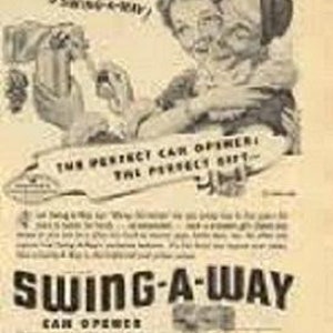 May include: A vintage advertisement for a Swing-A-Way can opener. The ad features a woman and a child smiling while using the can opener. The text reads "Oh, it's a Swing-A-Way! The perfect can opener, the perfect gift!"