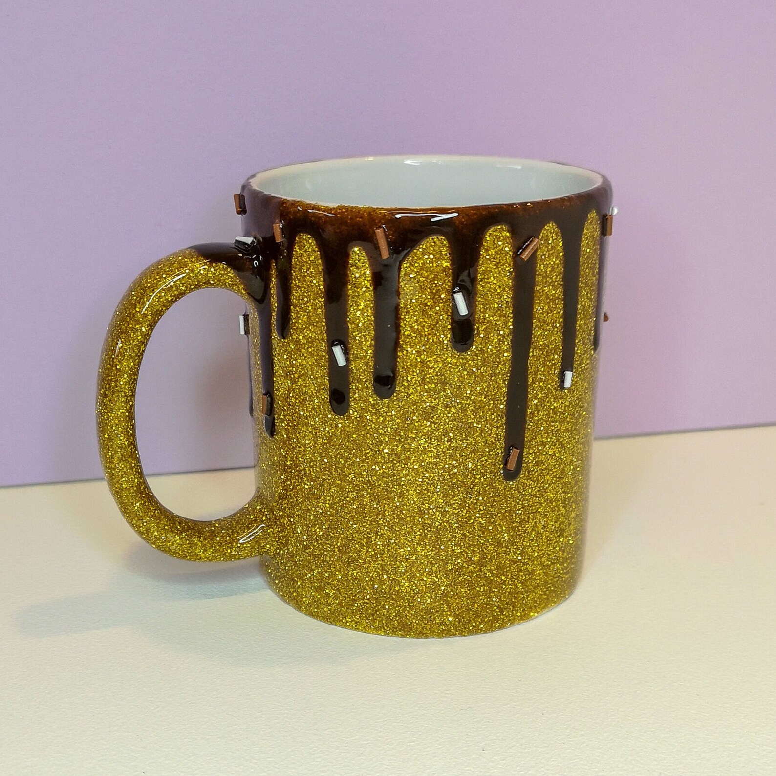 Gold Glitter Mug Chocolate Drip Milk and White Chocolate Sprinkles
