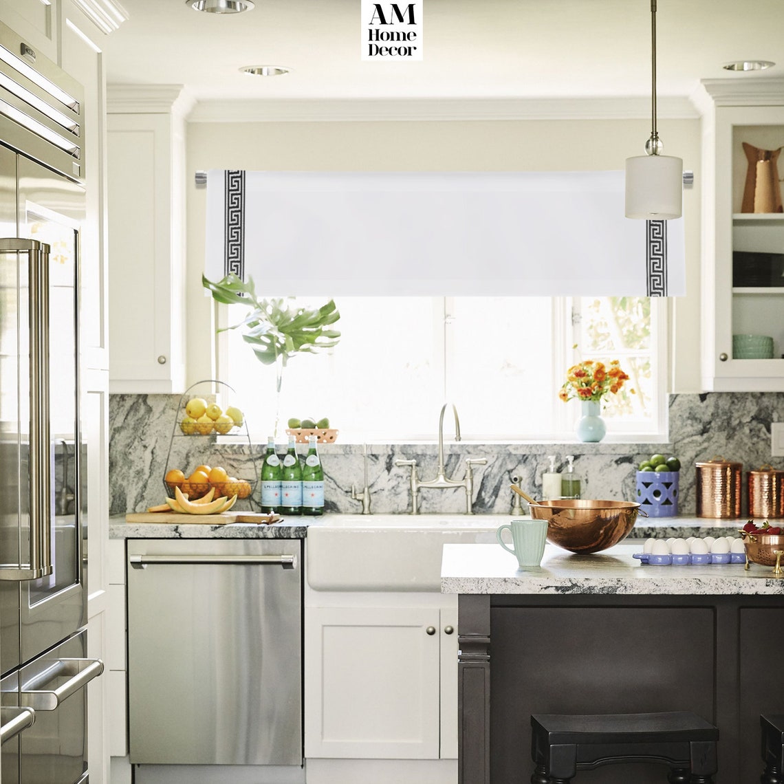 Greek Key Curtain / Solid White Valance With Black and Silver Etsy