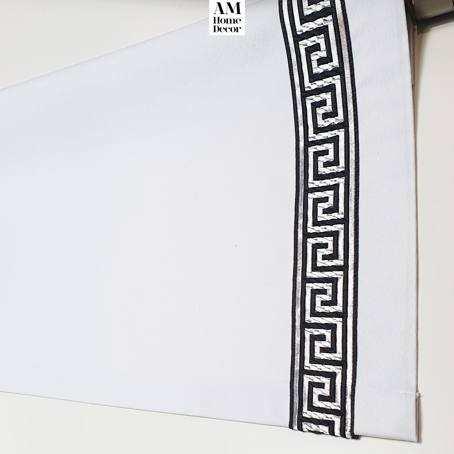 Greek Key Curtain / Solid White Valance With Black and Silver Etsy