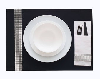 Placemats and Silverware Cutlery Bag  / Unique Glam Black-White-Silver Table Decor Set / Original Design by AMHomeDecor®