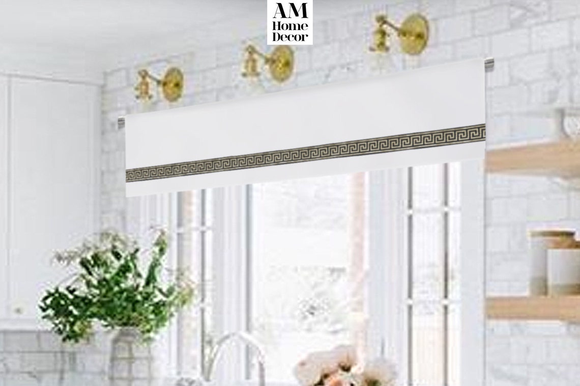 Greek Key Curtain / Solid White Valance With Horizontal Black Etsy