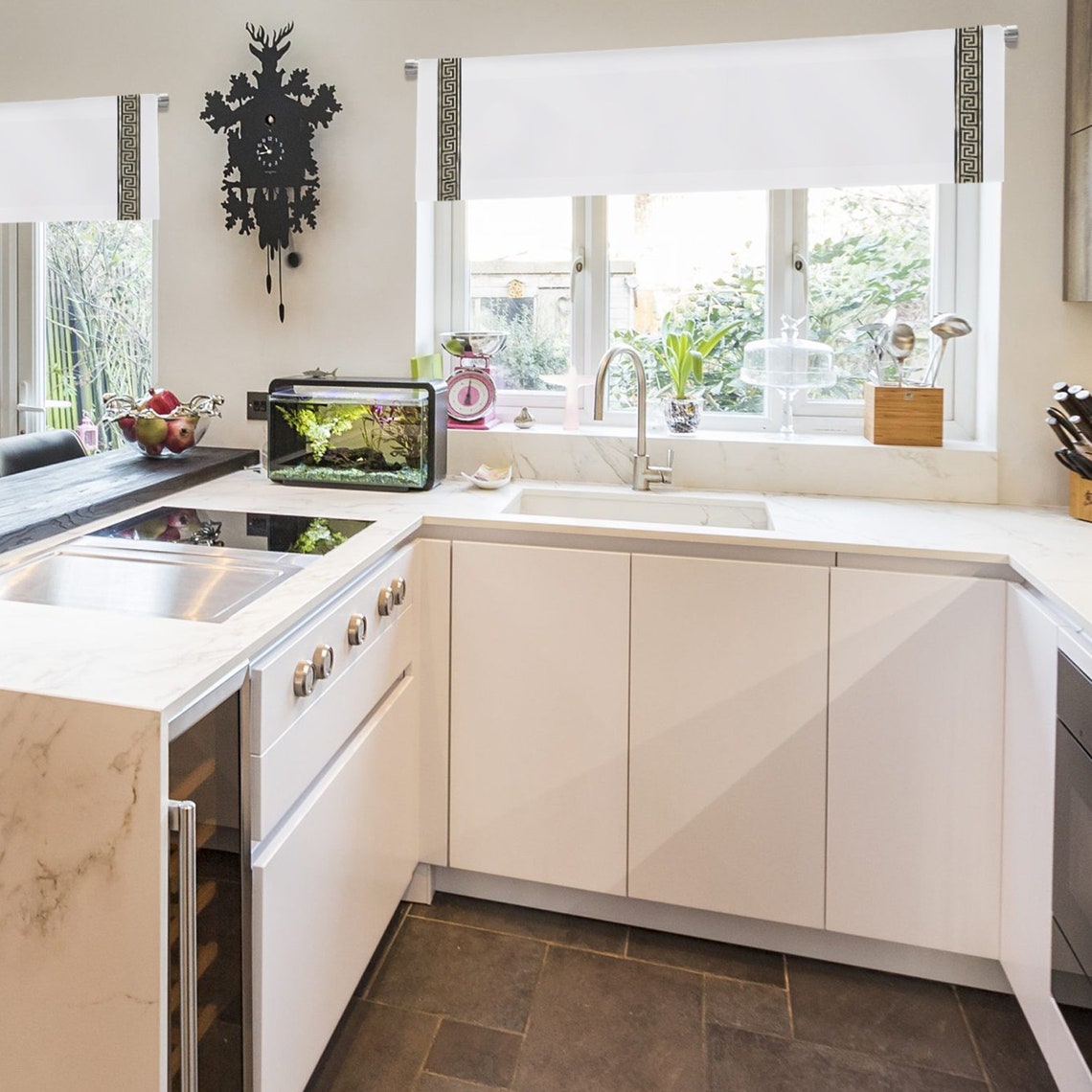 Greek Key Curtain / Solid White Valance with Black And Golden Etsy