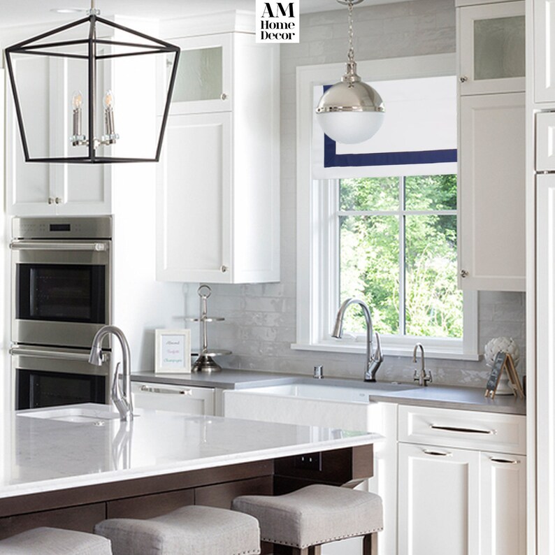 Cotton Window Valance / Solid White Valance With Navy Blue Etsy