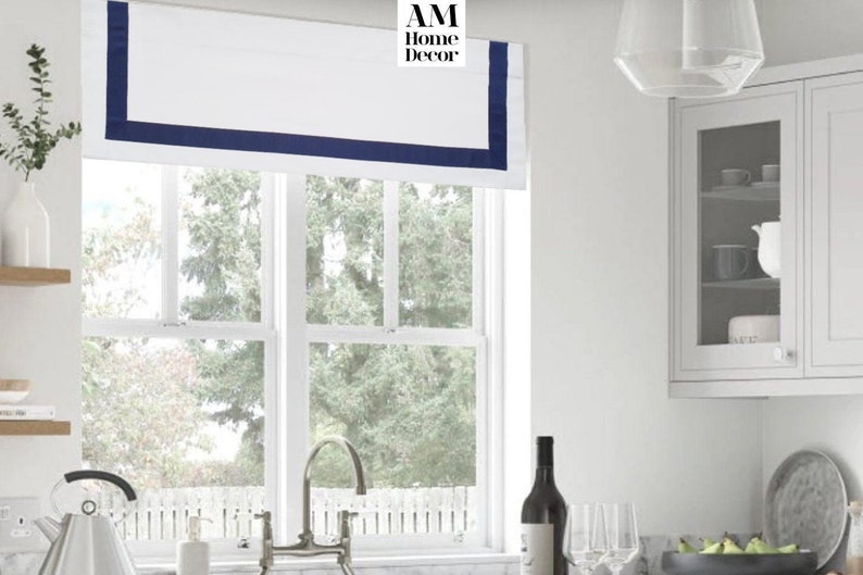 Cotton Window Valance / Solid White Valance With Navy Blue Etsy