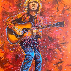 May include: A painting of a person playing an acoustic guitar. The person has long, blonde hair and is wearing a red shirt and blue jeans. The background is a vibrant orange with pink and blue accents.