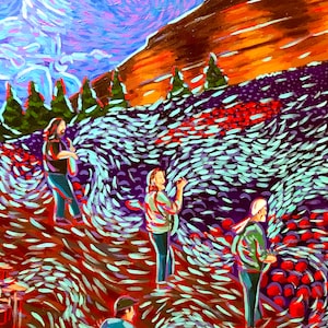 May include: A painting of a band playing music in a field with a large red rock formation in the background. The band is made up of five people, and they are all wearing casual clothing. The field is covered in a swirling pattern of blue and green paint.