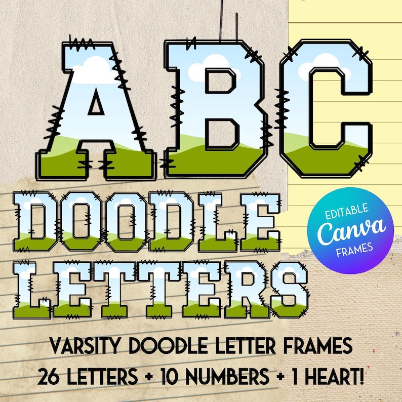 Może przedstawiać: Edytowalne ramki Canva z literami doodle w stylu uniwersyteckim w kolorze czarnym i zielonym na tle niebieskiego nieba i zielonej trawy. Tekst brzmi "ABC DOODLE LETTERS VARSITY DOODLE LETTER FRAMES 26 LETTERS + 10 NUMBERS + 1 HEART!"