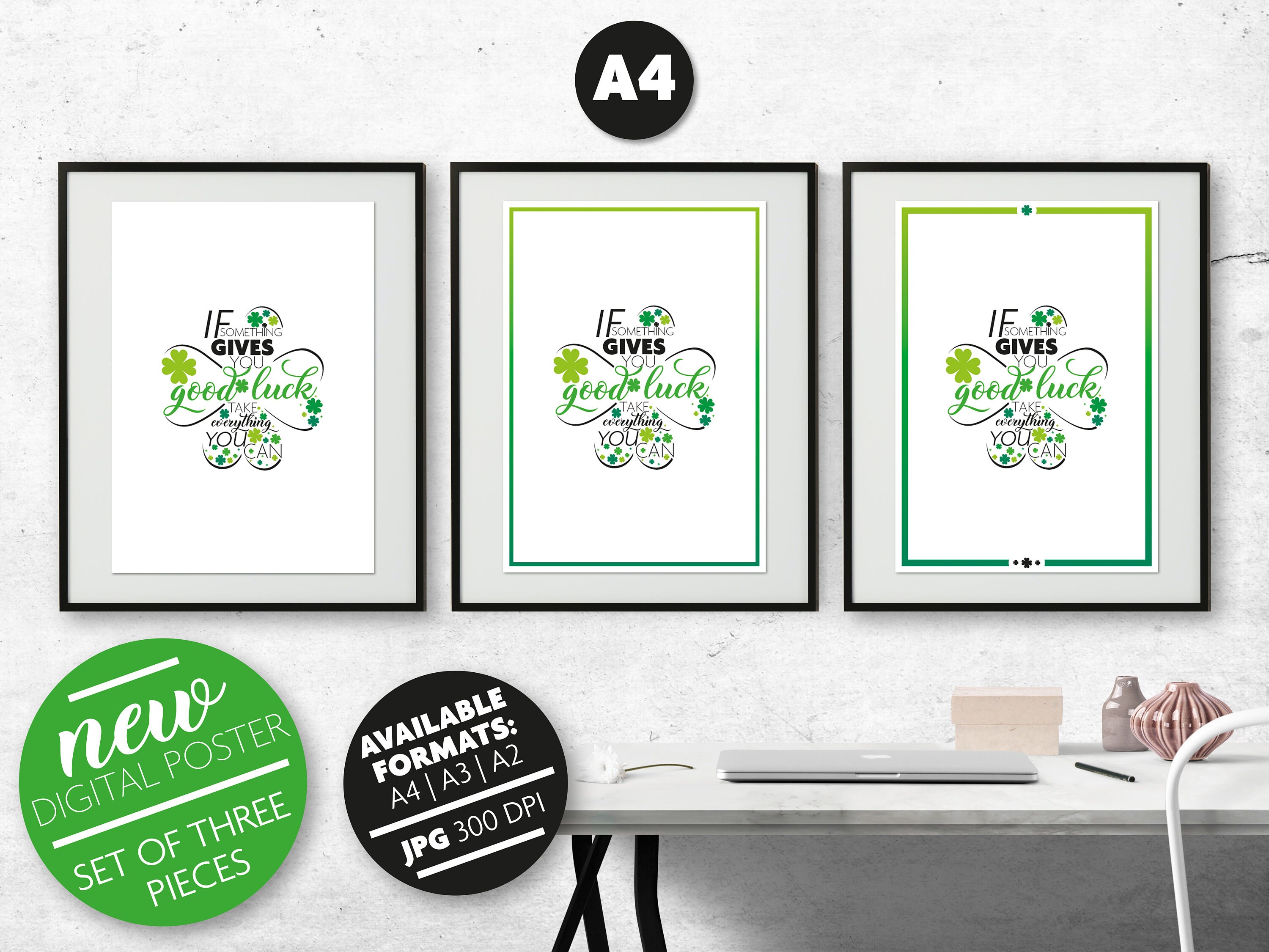 A4 Poster Set of 3 GOOD LUCK digital download Typography | Etsy