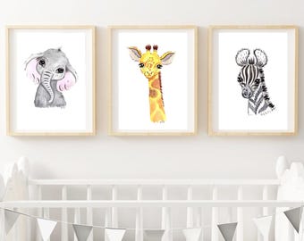 Safari Animal Nursery Prints, Set of 3 | Watercolour Jungle Animals for Kids Room | Giraffe, Elephant, Zebra