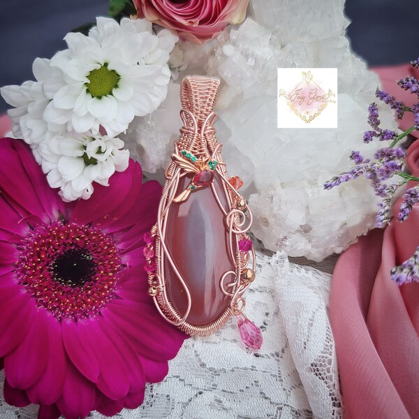 PENDENTIF AGATE crasy lace,  wire wrapping, pendentif elfique  lithothérapie, collier femme, bijou fantaisie, pendentif rose, cadeau femme