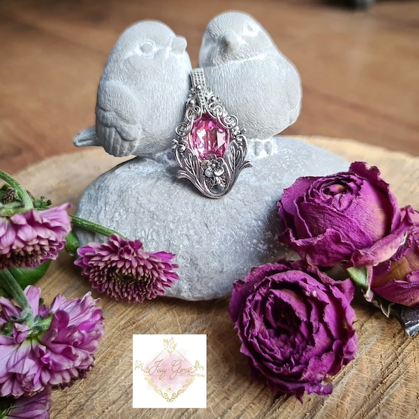 PENDENTIF Cristal rose  Romantique, wire wrapping jewerly, bijou fantaisie fleur, fait main, bijou art deco, bijou baroque,wire wrapped