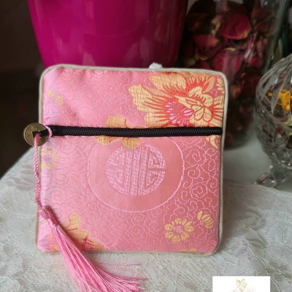 Joli pochette japonisante rose à fermeture éclair, accessoire de rangement, trousse à maquillage,  rangement à bijoux, rangement pour objets