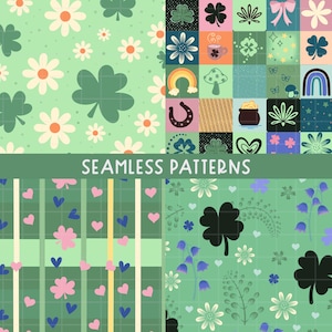 Paquete de papeles digitales del Día de San Patricio / Patrones de tréboles y tréboles sin costuras: PNG de uso comercial para Cricut, tarjetas y scrapbooking