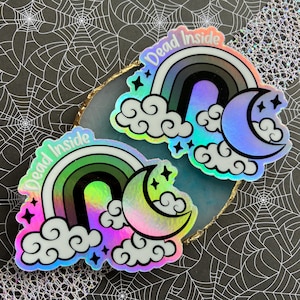 Dead Inside Black Rainbow Holographic Sticker | Glossy Crescent Moon Illustration Reflective Laptop Decal | Witchy Sarcastic Gift