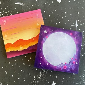 Post It Sticky Notes Stationery | Dreamy Celestial Lined Mountain Sunrise, Full Moon Floral Constellation | Magical Fantasy Office Supplies