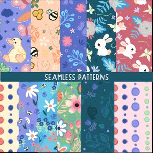 Peut inclure: Une collection de motifs sans couture avec divers designs. Les motifs incluent des images de canard, d'abeilles, de papillons, de fleurs et de lapins. Le texte "SEAMLESS PATTERNS" est affiché sur l'image.