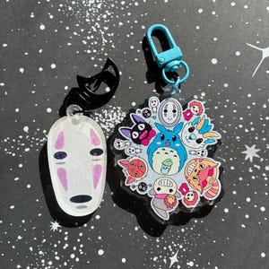 Anime Keychains | No Face Acrylic Reflective Crescent Moon Charm | Studio Friends Kawaii Glittery Accessory