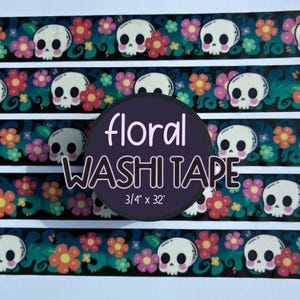 Floral Skulls Washi Tape | Kawaii Skeleton and Flowers Decorative Journal Tape | Pastel Goth Stationery Crafters Gift, Dark Academia Planner