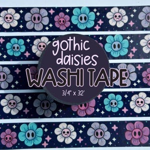 Gothic Daisies Washi Tape | Kawaii Pastel Goth Floral Decorative Journal Tape | Dark and Moody Stationery Crafting Tape | Gift for Crafter
