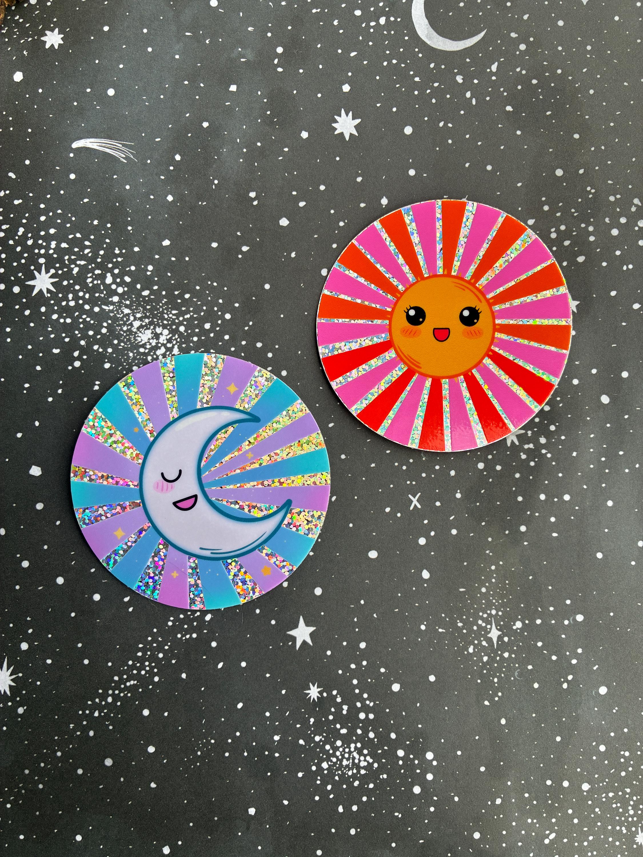 Cute Sun and Moon Glitter Sticker Set | Kawaii Celestial Vinyl Stickers ...