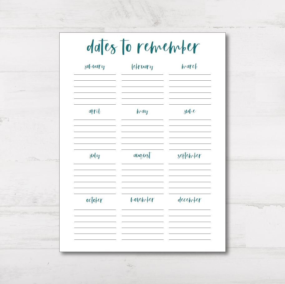 PRINTABLE Dates to Remember Important Dates Monthly Etsy